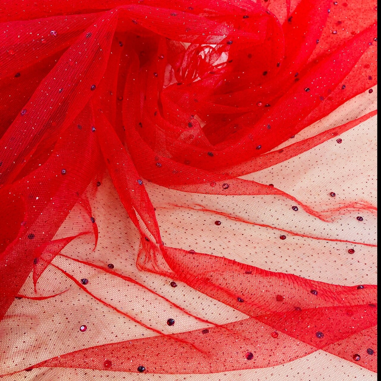 1 Yard Champagne Glitter Mesh Fabric with Scattered Rhinestones Stretch 60 Inch Width